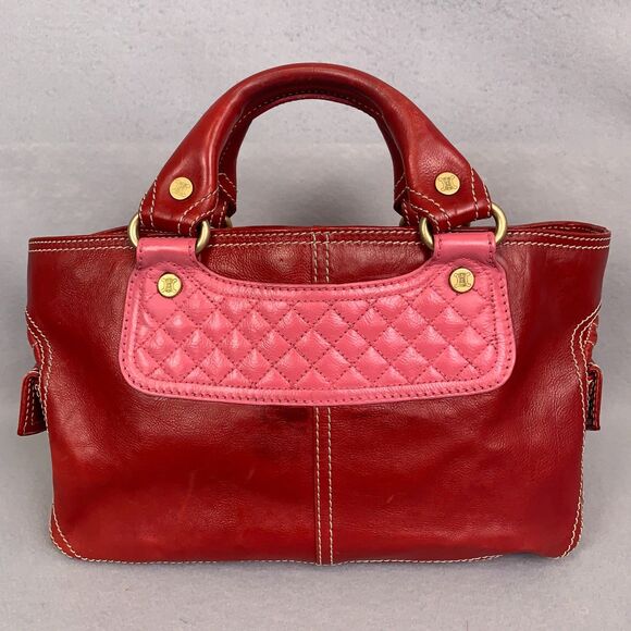 Celine Red Leather Satchel Bag Pink Quilted Detail Designer Purse Classic Luxury - Picture 2 of 9